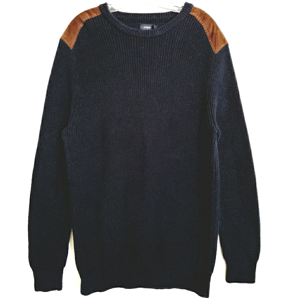 J.CREW Navy Longsleeve Ribbed Knit Sweater Faux Suede Patch Shoulders